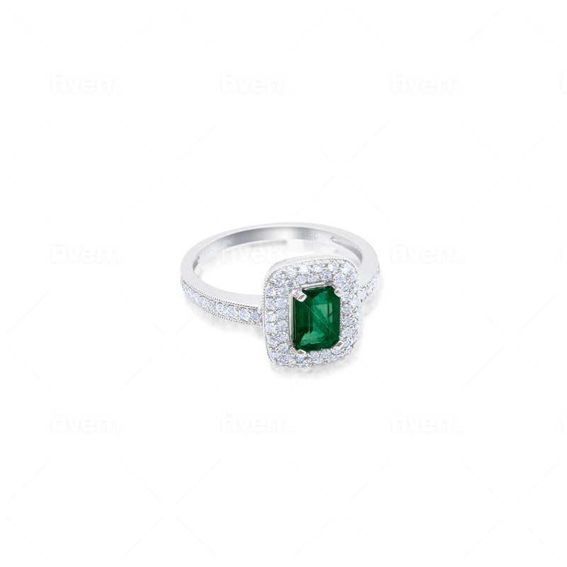 White Gold Emerald and Diamond Border Ring