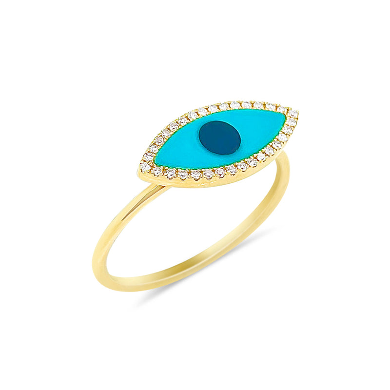 Yellow Gold Turquoise and Diamond Evil Eye Ring