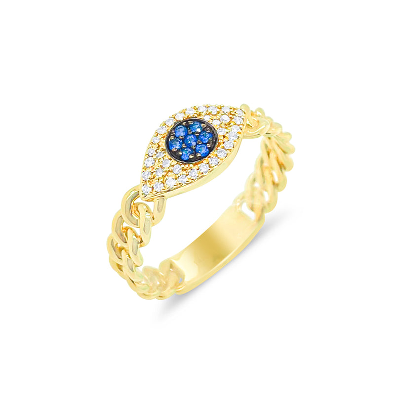 Yellow Gold Sapphire and Diamond Evil Eye Chain Ring