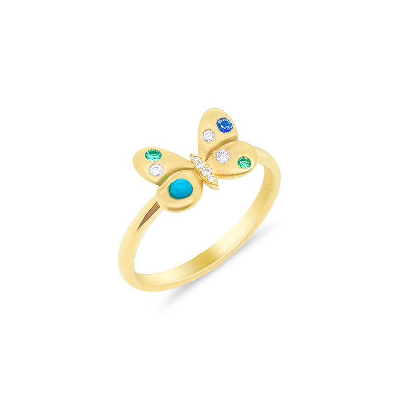 Multi Stone Brushed Gold Butterfly Ring