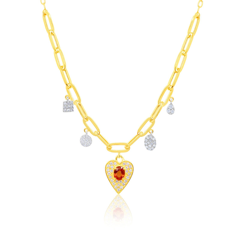 Yellow Gold Orange Sapphire Diamond Heart Necklace