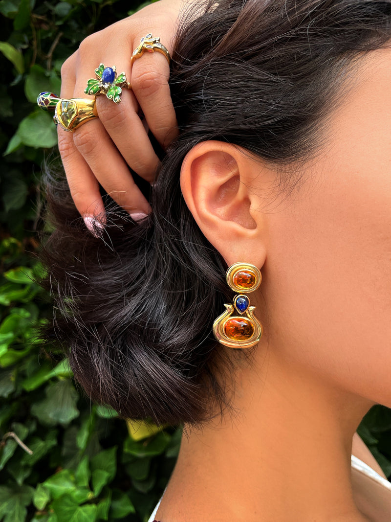 14k Cabochon Citrine and Sapphire Earrings