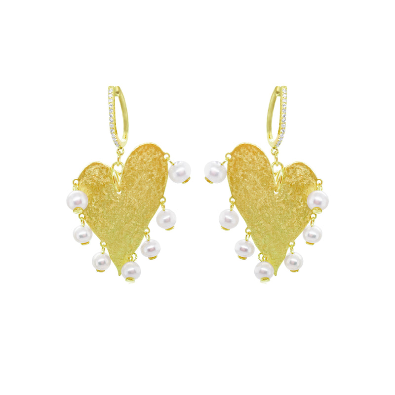 Yellow Gold Heart and Pearl Earrings