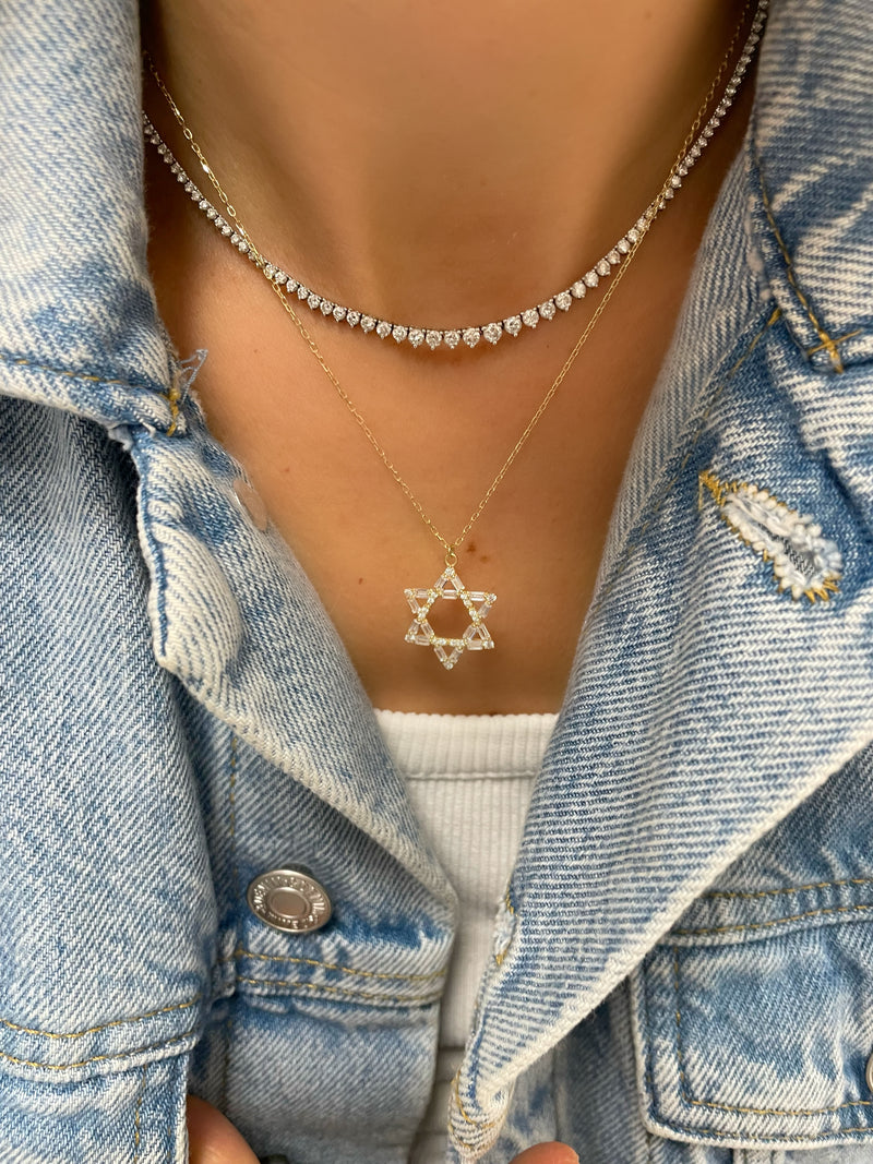 Larger Size Dainty Gold Plated and CZ Jewish Star of David Necklace