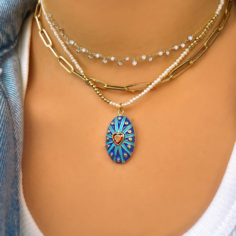Micropearl Choker with Enamel Heart Charm Necklace