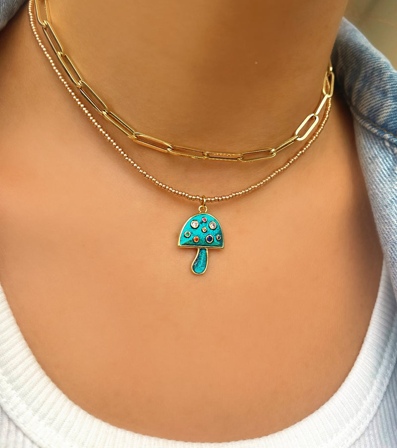 Teal Colored Mushroom Charm Necklace