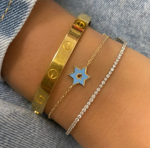 Gold Plated and Light Blue Enamel Jewish Star of David Bracelet