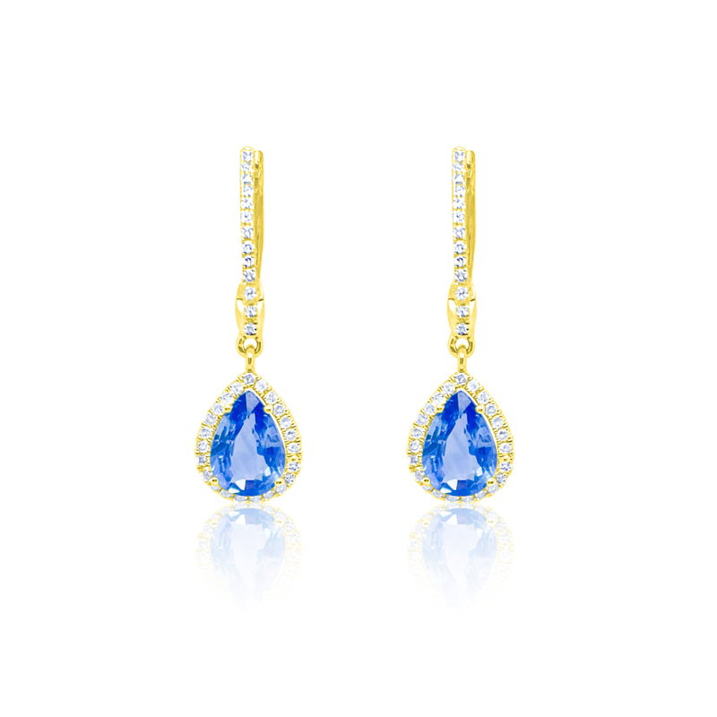 Yellow Gold Blue Sapphire Diamond Pear Hoop Earrings