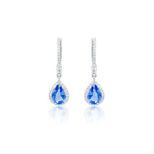 Yellow Gold Blue Sapphire Diamond Pear Hoop Earrings
