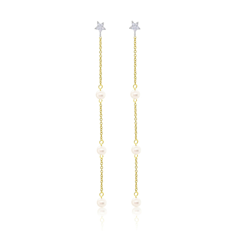 Diamond Star and Pearl Drop Chain Earrings 14kt Yellow Gold Diamond