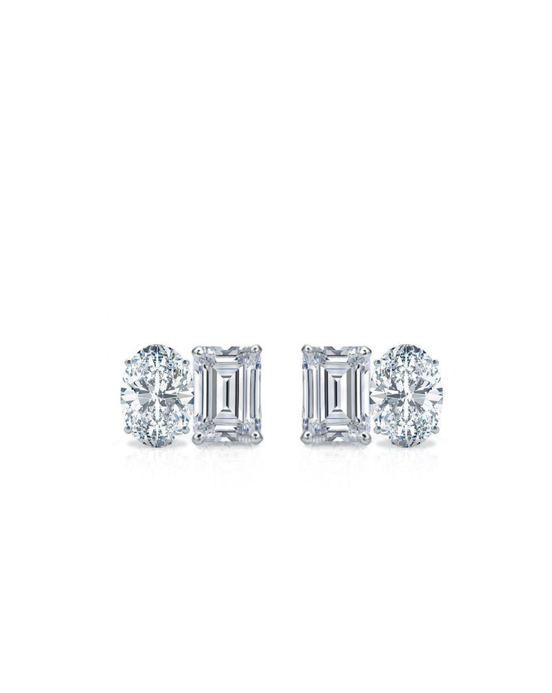 White Gold Lab Grown Diamond Studs Moi et Toi Oval and Emerald Cut Lab Grown Studs
