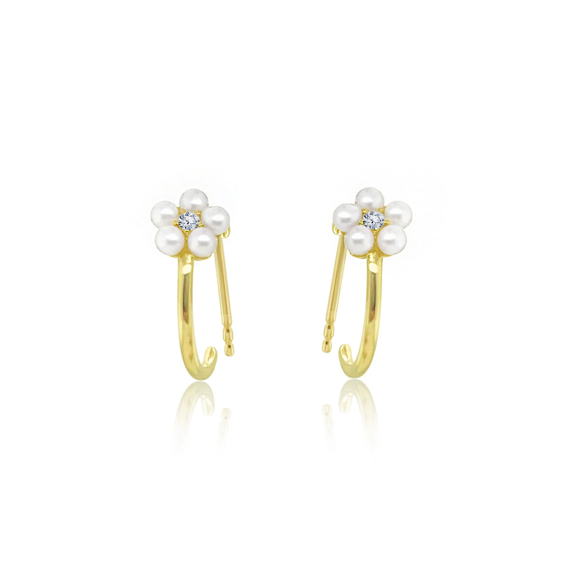 Yellow Gold Pearl Flower Earrings