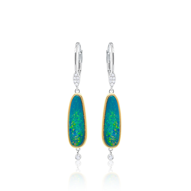 14 Kt Yellow And White Gold .09 Ct Diamond Opal Drop Earrings