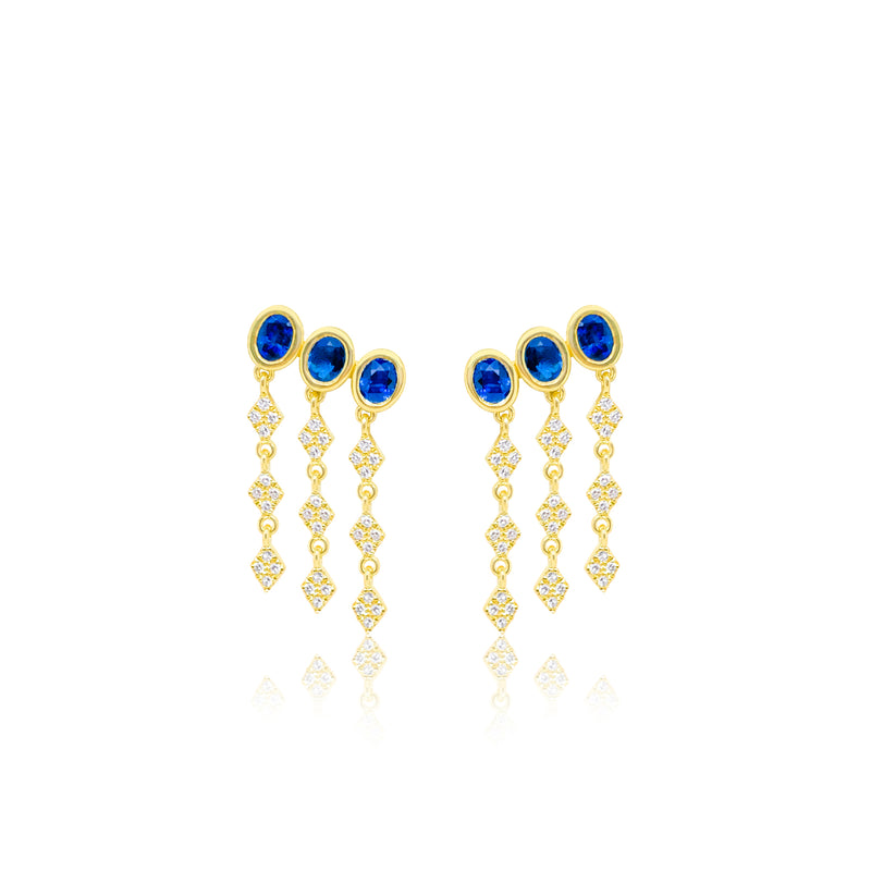 Yellow Gold Blue Sapphire and Diamond Fringe Earrings