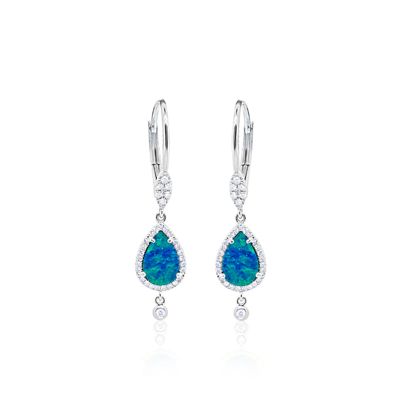 14 Kt White Gold Blue Opal .23 Ct Diamond Drop Earrings