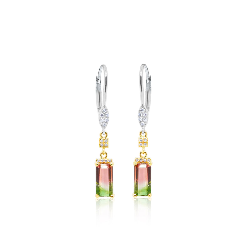 14 Kt White and Yellow Gold Watermelon Tourmaline Diamond Drop Earrings