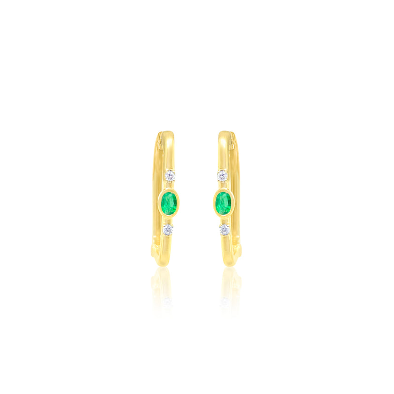 14 Kt Yellow Gold Emerald Diamond Rectangle Hoops
