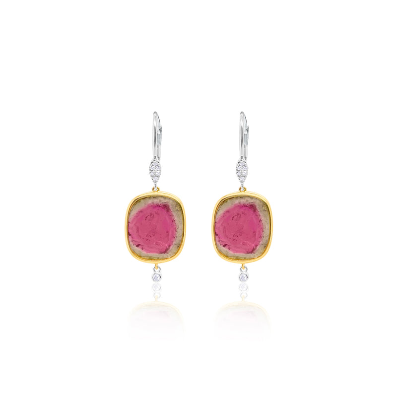 14kt Two Tone Watermelon Tourmaline Diamond Earrings