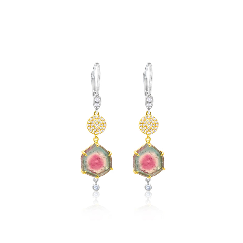 Watermelon Tourmaline Gold and Diamond Drop Earrings