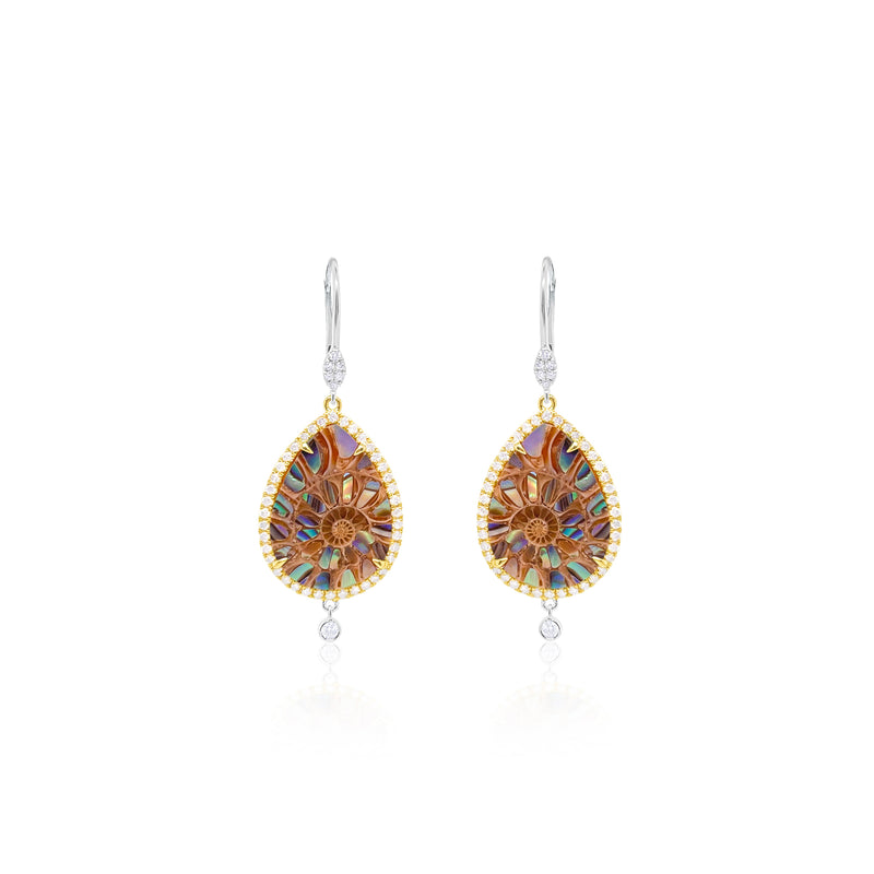 14kt White and Yellow Gold Ammonite Earrings with Diamond Halo