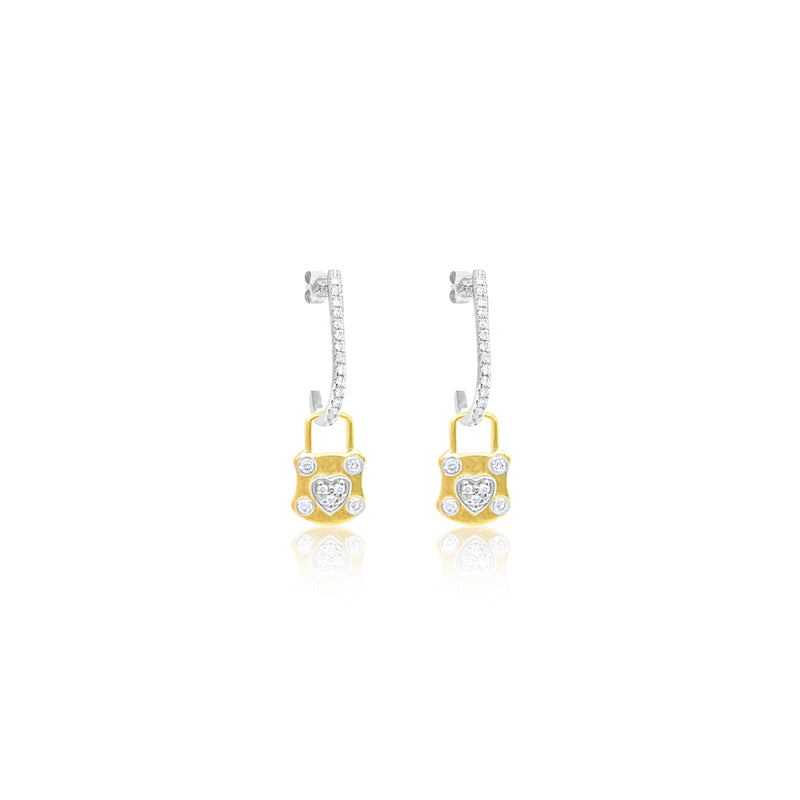 14kt Two-Tone Gold Lock Heart Diamond Earings