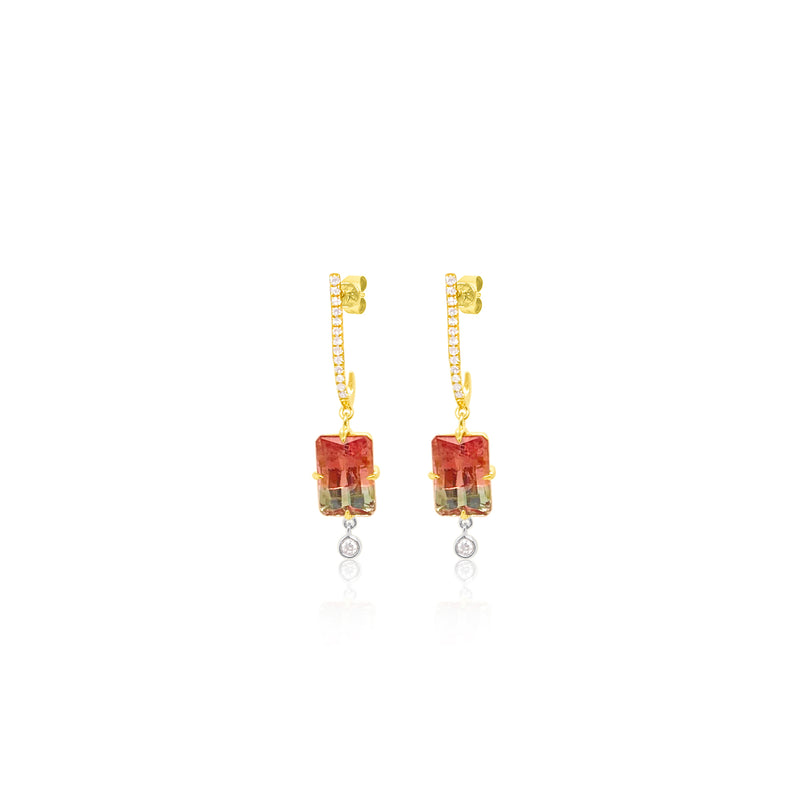 14kt Yellow Gold Watermelon Tourmaline Diamond Earings