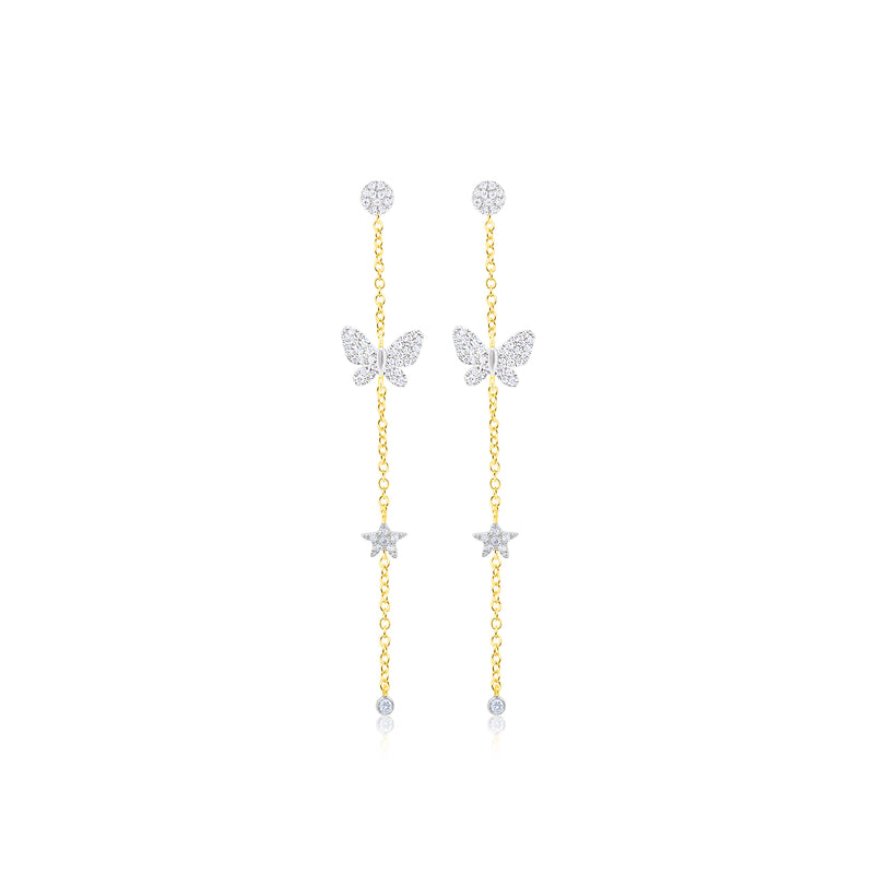 Silver and Gold Drop Butterfly Star Diamond Earrings