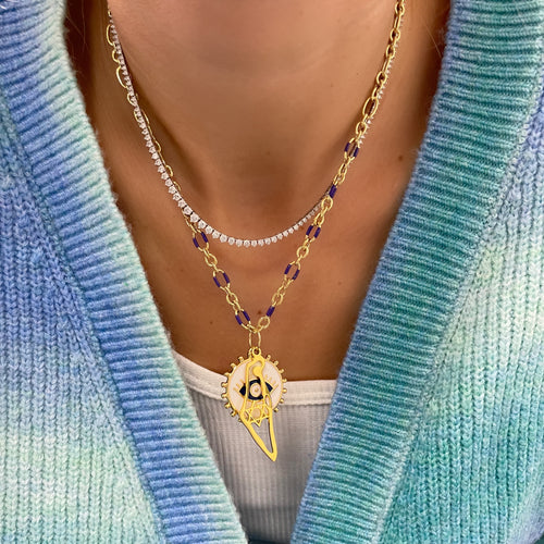 Protection Charm Necklace in Gold Plated and Enamel on Blue Enamel Chain