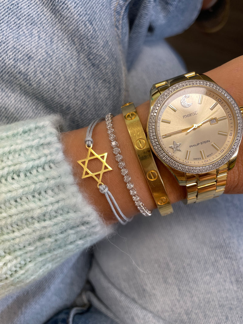 Dainty Gold Plated Jewish Star of David Bracelet on Grey Chord