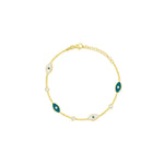 yellow gold bracelet with white and turquoise evil eye