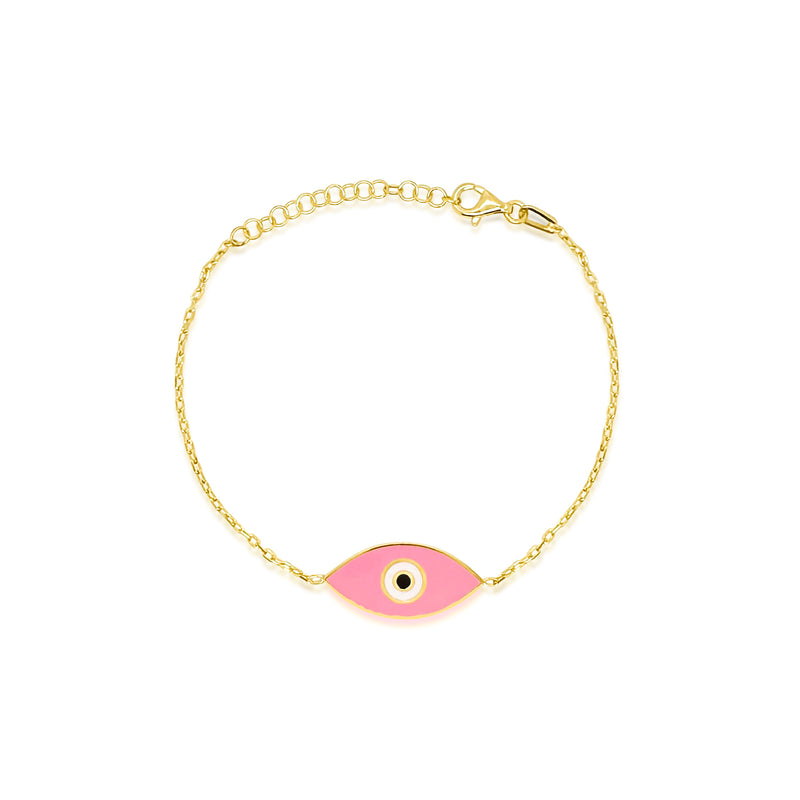 yellow gold and pink evil eye bracelet