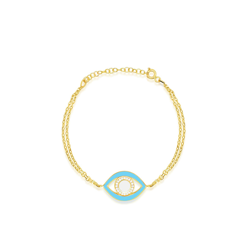 yellow gold double chained and light blue evil eye bracelet 