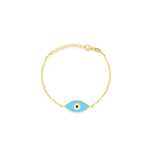 yellow gold and light blue evil eye bracelet