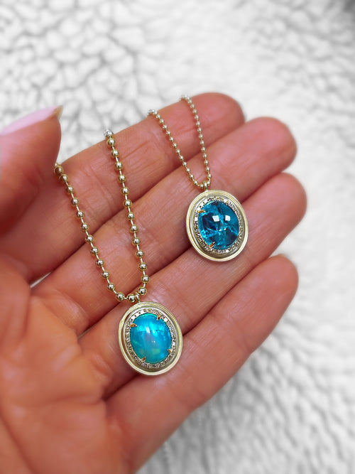 Yellow Gold Ball Chain and Opal Pendant Necklace