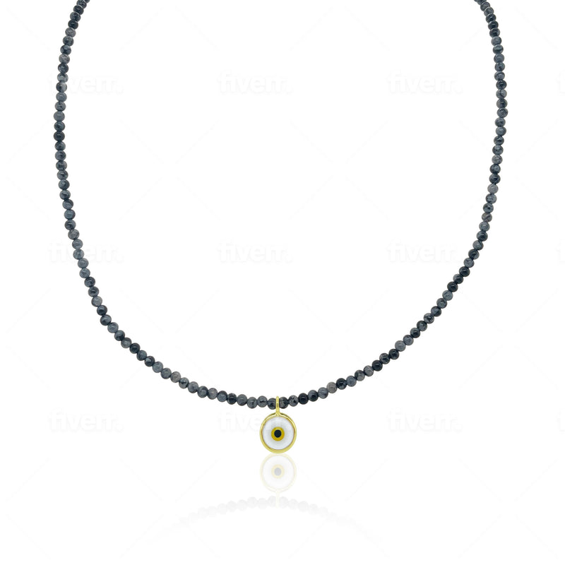 Grey and Black Beaded Choker with Evil Eye Charm