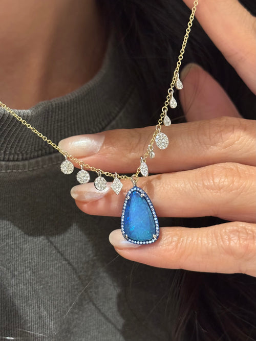 Yellow Gold Blue Opal Diamond Necklace