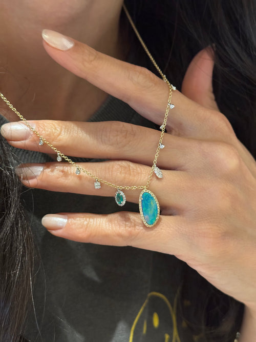 Blue Opal and Emerald Charm Necklace