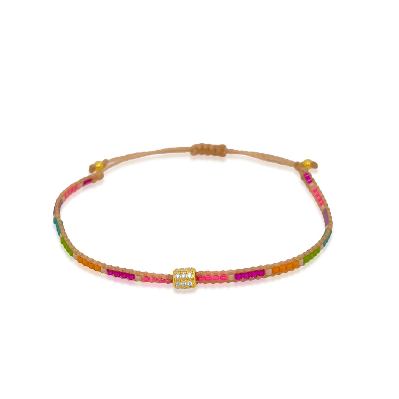 Dainty Woven Rainbow Bead Bracelet With CZ Bead