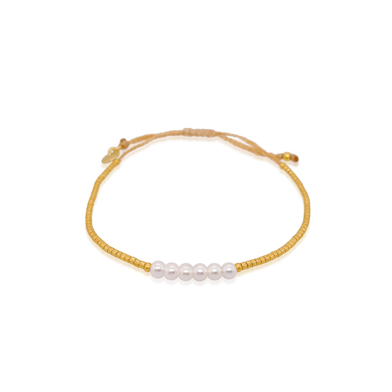Gold Colored Microbead and Pearl Bracelet