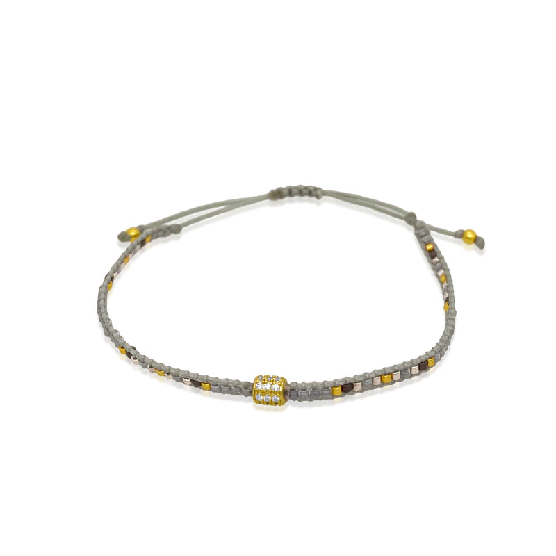 Dainty Woven Heather Gray and Gold  Bead Bracelet With CZ Bead