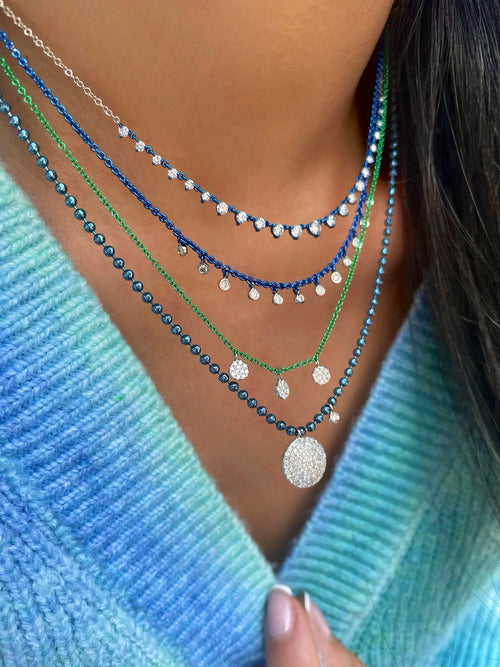 Electric Blue Diamond Silver and Gold Diamond Fringe Necklace