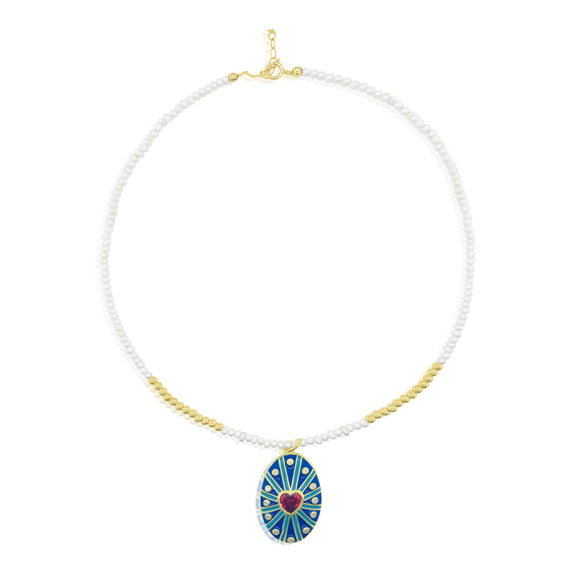 Micropearl Choker with Enamel Heart Charm Necklace