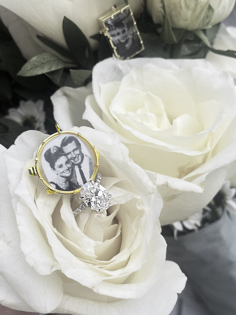 Rectangle Bouquet Photo Charm 14kt Yellow Gold  Picture Setting Wedding Gold Oval Bridal Memory Accents Frame Bling