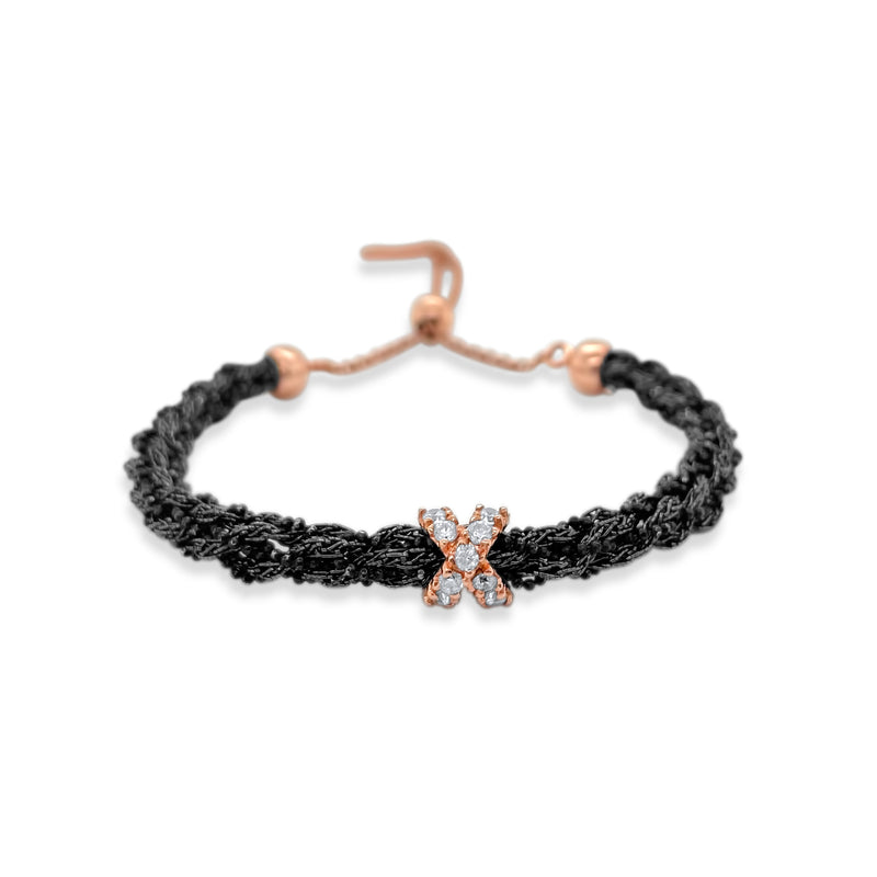 Black Rhodium Braided Chain and black Silk Bracelet with CZ Design