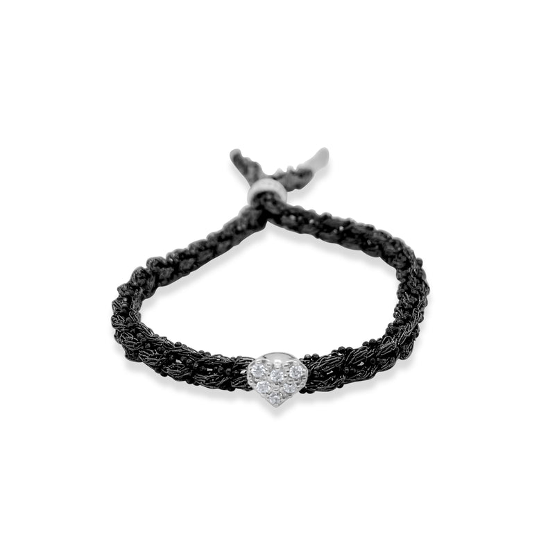 Rhodium colored Braided Chain and Black Silk Bracelet with CZ Heart