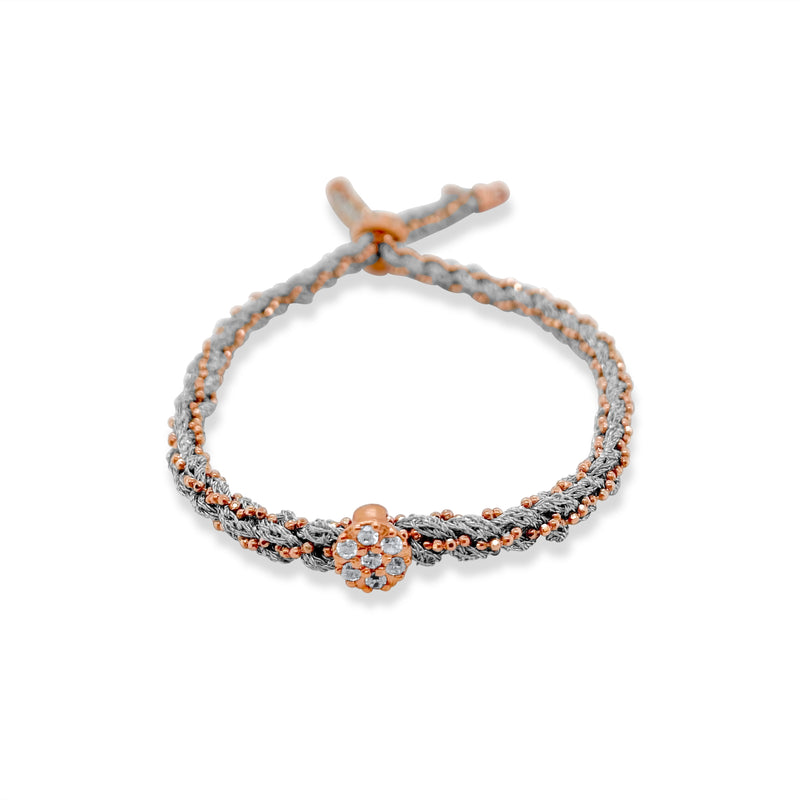 Rose Gold Braided Chain and Silver Colored Silk Bracelet with CZ Disc