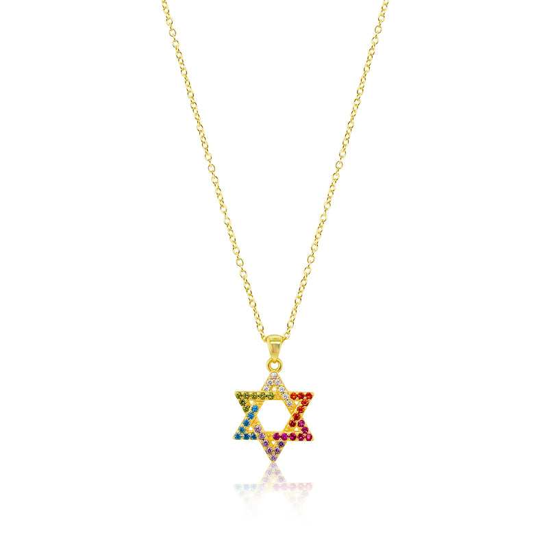 Rainbow Studded Dainty Gold Plated Jewish Star of David Necklace