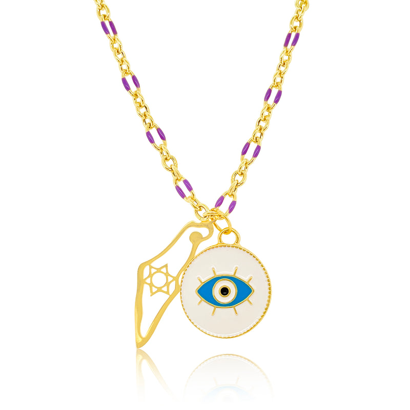 Protection Charm Necklace in Gold Plated and Enamel on Lavender Enamel Chain