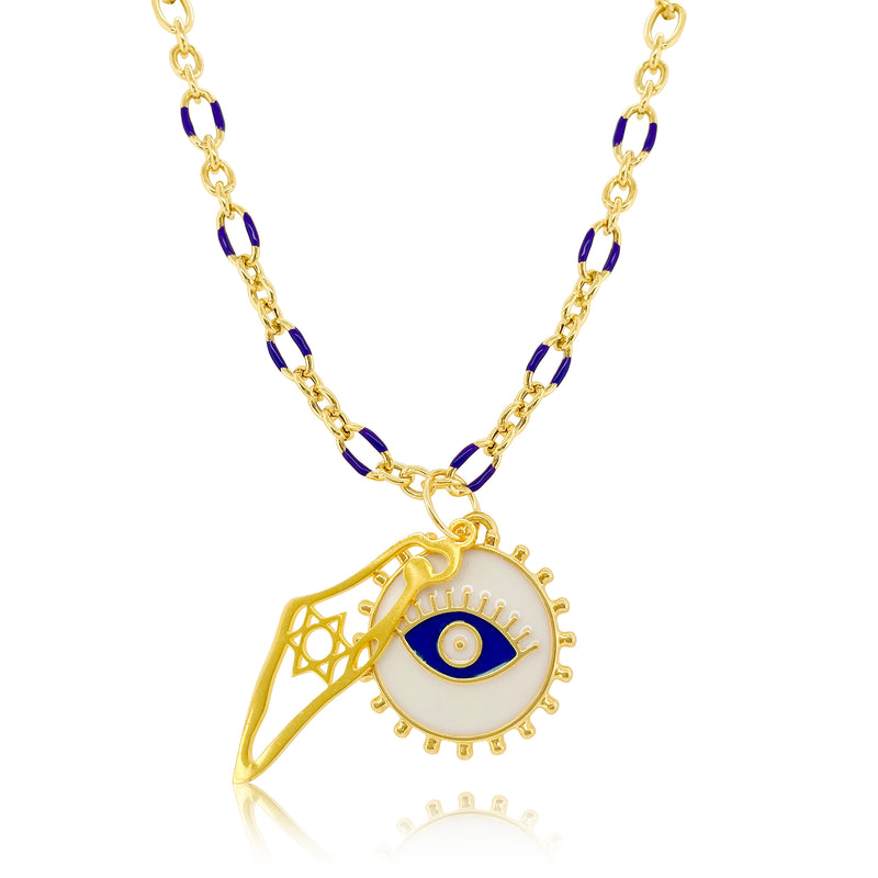 Protection Charm Necklace in Gold Plated and Enamel on Blue Enamel Chain