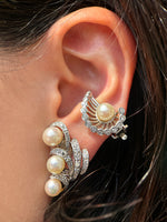 White Pearl and Diamond Earrings Clip on